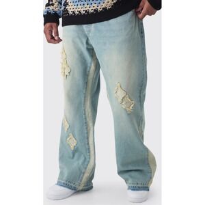 boohooMAN‎ Tall Slim Flare Gusset  Panel Jeans Mens 40 Antique Blue Grunge Y2K